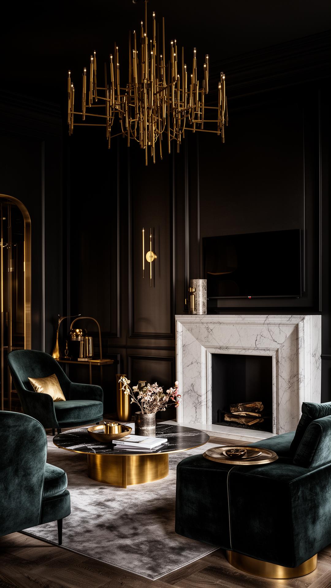 A luxurious dark-walled living room with a brass chandelier and marble fireplace by Avanzato Design Associates